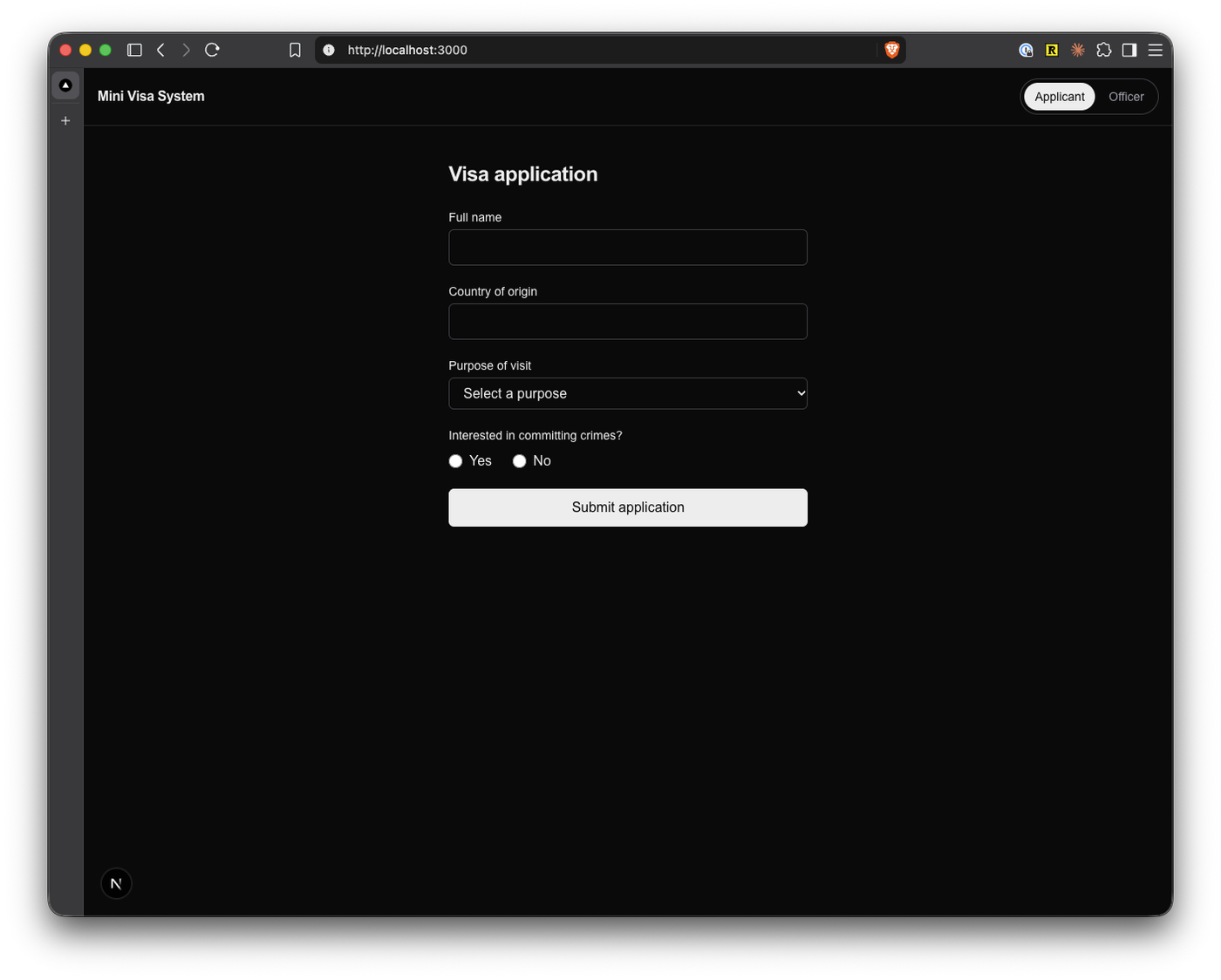The finished Mini Visa System in the browser: a visa application form with full name, country of origin, purpose of visit and a yes/no question about committing crimes, plus an Applicant/Officer switch on the top right.