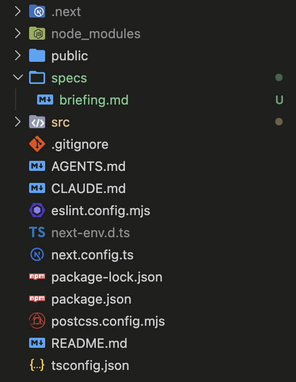 File tree of the Next.js project with a specs folder that contains briefing.md.